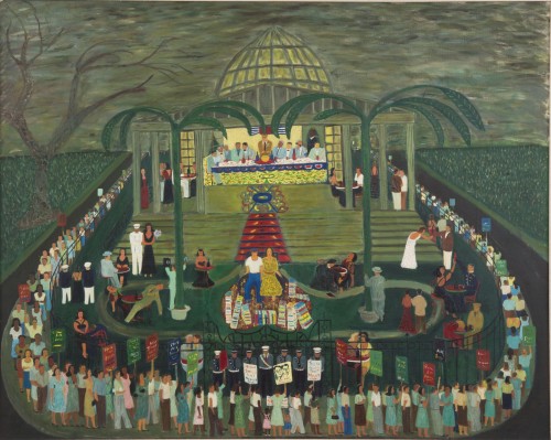 Ralph Fasanella. McCarthy Era Garden Party, 1954. Oil on canvas, 40 x 50 in. Andrew Edlin Gallery, New York, and the Estate of Ralph Fasanella.